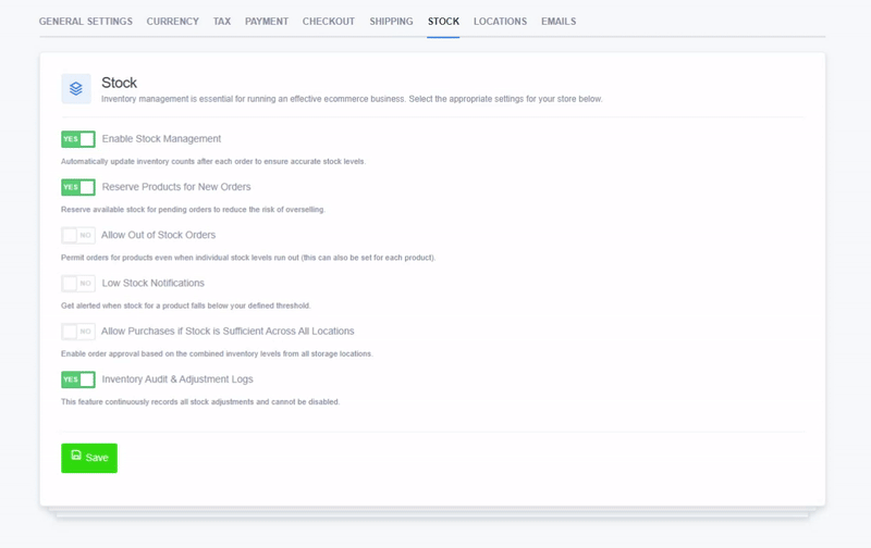 Screenshot of the 'Stock' settings page in ReadyCMS showing various toggle options including 'Enable Stock Management', 'Reserve Products for New Orders', 'Allow Out of Stock Orders', 'Low Stock Notifications', 'Allow Purchases if Stock is Sufficient Across All Locations', and 'Inventory Audit & Adjustment Logs'. The 'Save' button is visible at the bottom.