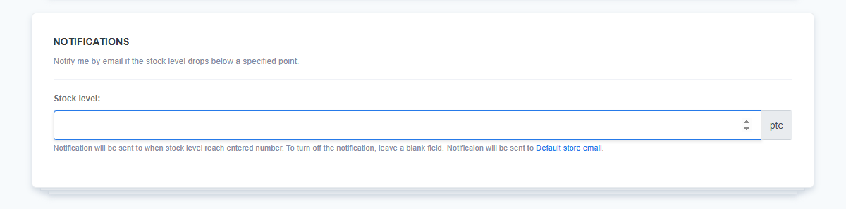 Low stock notification settings in ReadyCMS, showing a Stock level input field where users can define a threshold to trigger email alerts when stock drops below the specified number.