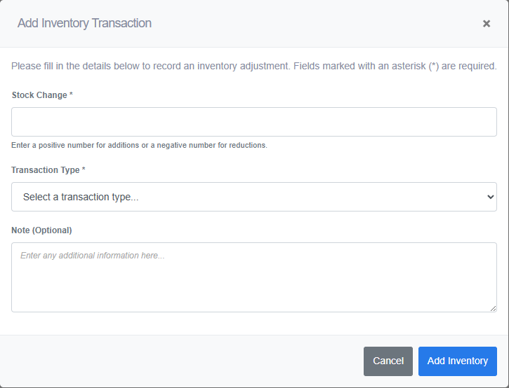 Add Inventory Transaction modal in ReadyCMS with fields for Stock Change, Transaction Type dropdown, and an optional Note field, along with Cancel and Add Inventory buttons.