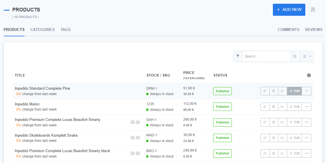 A CMS interface displaying a list of 16 products under the 'Products' section, with tabs for 'Categories' and 'Tags' visible. Each product is listed with columns for Title, Stock/SKU, Price (Tax Excluded), and Status. The products displayed include 'Inpeddo Standard Complete Pine,' 'Inpeddo Melon,' and 'Inpeddo Premium Complete Lucas Beaufort Smarty,' all marked as 'Published' in the Status column. Each product also shows its SKU (e.g., DRM-1, 1235), its stock availability (Always in stock), and price. The interface includes options for editing, viewing, and managing stock and analytics for each product. A blue 'Add New' button is located in the top right corner.