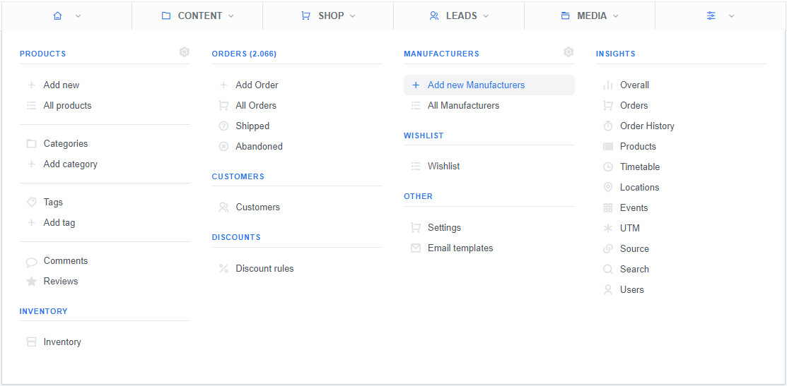 A CMS dashboard interface with multiple navigation sections organized into columns. The sections are labeled as 'Products,' 'Orders,' 'Customers,' 'Discounts,' 'Inventory,' 'Manufacturers,' 'Wishlist,' 'Other,' and 'Insights.' Each section contains sub-options such as adding new products, viewing all orders, adding categories, managing customers, applying discount rules, viewing inventory, and adding manufacturers. Insights options include Overall, Orders, Products, Timetable, Events, and more.