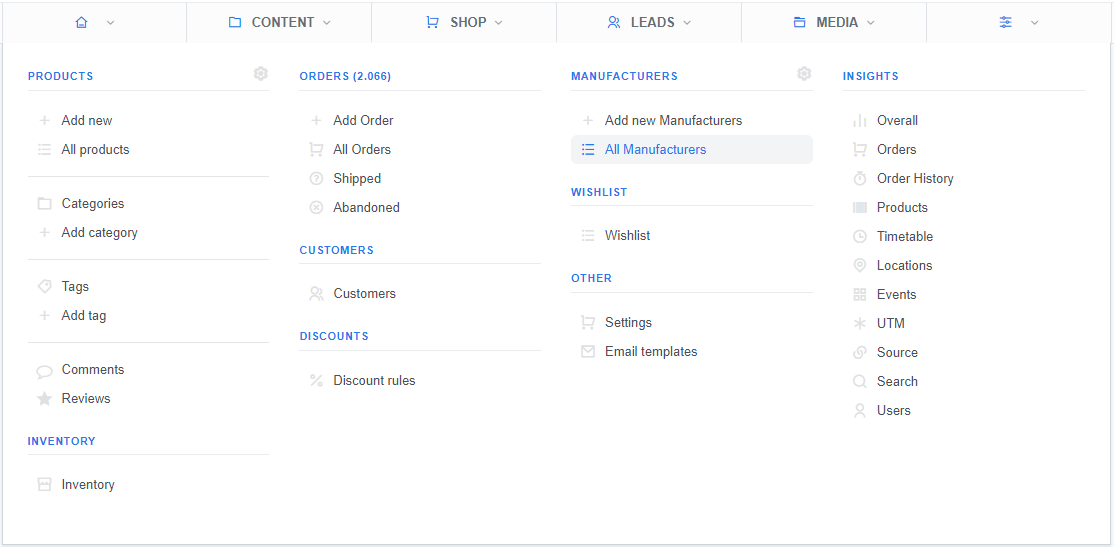 A CMS dashboard interface showing the 'All Manufacturers' section highlighted under the 'Manufacturers' column. Other columns on the dashboard include 'Products,' 'Orders,' 'Customers,' 'Discounts,' 'Inventory,' 'Wishlist,' 'Other,' and 'Insights.' Each column has relevant sub-options for managing different aspects of the system such as adding products, managing orders, viewing customers, and setting discount rules.