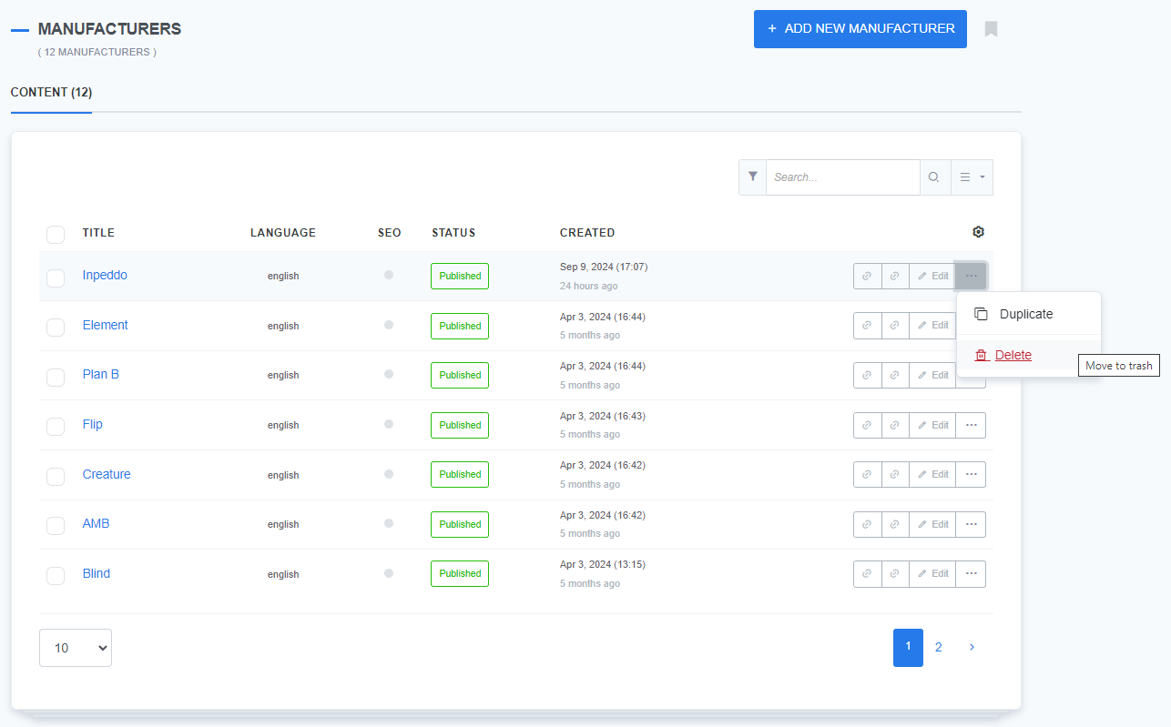 A CMS interface displaying a list of 12 manufacturers under the 'Manufacturers' section. Each manufacturer is listed with columns for Title, Language, SEO, Status, and Created date. The manufacturers shown include 'Inpeddo,' 'Element,' 'Plan B,' and others, all marked as 'Published.' To the right of each manufacturer entry is an 'Edit' button and a three-dot menu icon, which is expanded for 'Inpeddo,' showing options to 'Duplicate' or 'Delete' (Move to trash). A blue 'Add New Manufacturer' button is visible at the top right of the screen.