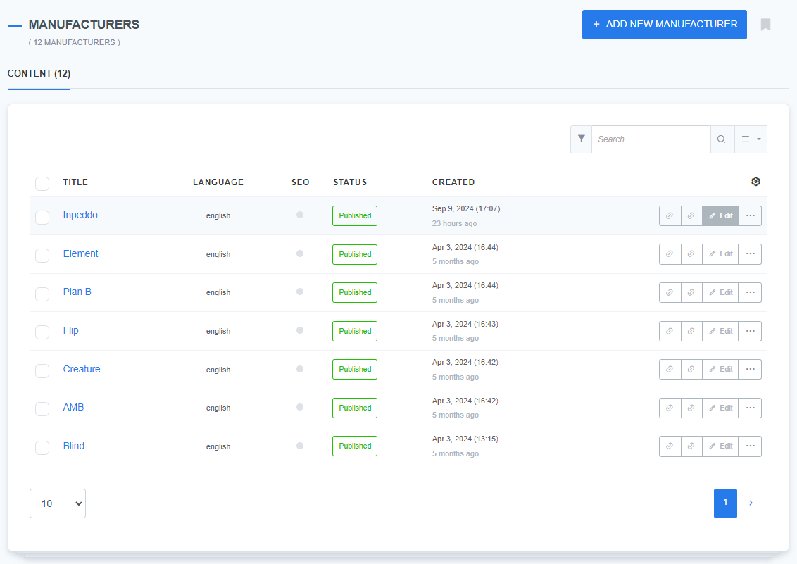 A CMS interface displaying a list of 7 manufacturers under the 'Manufacturers' section. The table includes columns for Title, Language, SEO, Status, and Created date. The titles of the manufacturers include 'Inpeddo,' 'Element,' 'Plan B,' and others. The Status column shows all manufacturers as 'Published,' and the page features an 'Add New Manufacturer' button in the top right corner. A search bar and filter options are available above the table.