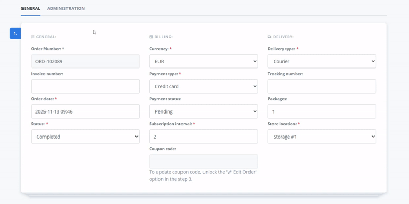Animated view of the ReadyCMS order edit form, showing fields for order number, billing details, currency, payment type, payment status, subscription interval, delivery type, tracking number, packages, and store location. The GIF demonstrates entering a tracking number in the Delivery section.