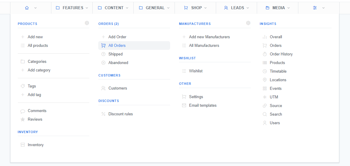 A screenshot of the 'All Orders' section in the ReadyCMS shop menu, displaying various order management options for tracking and managing customer purchases.