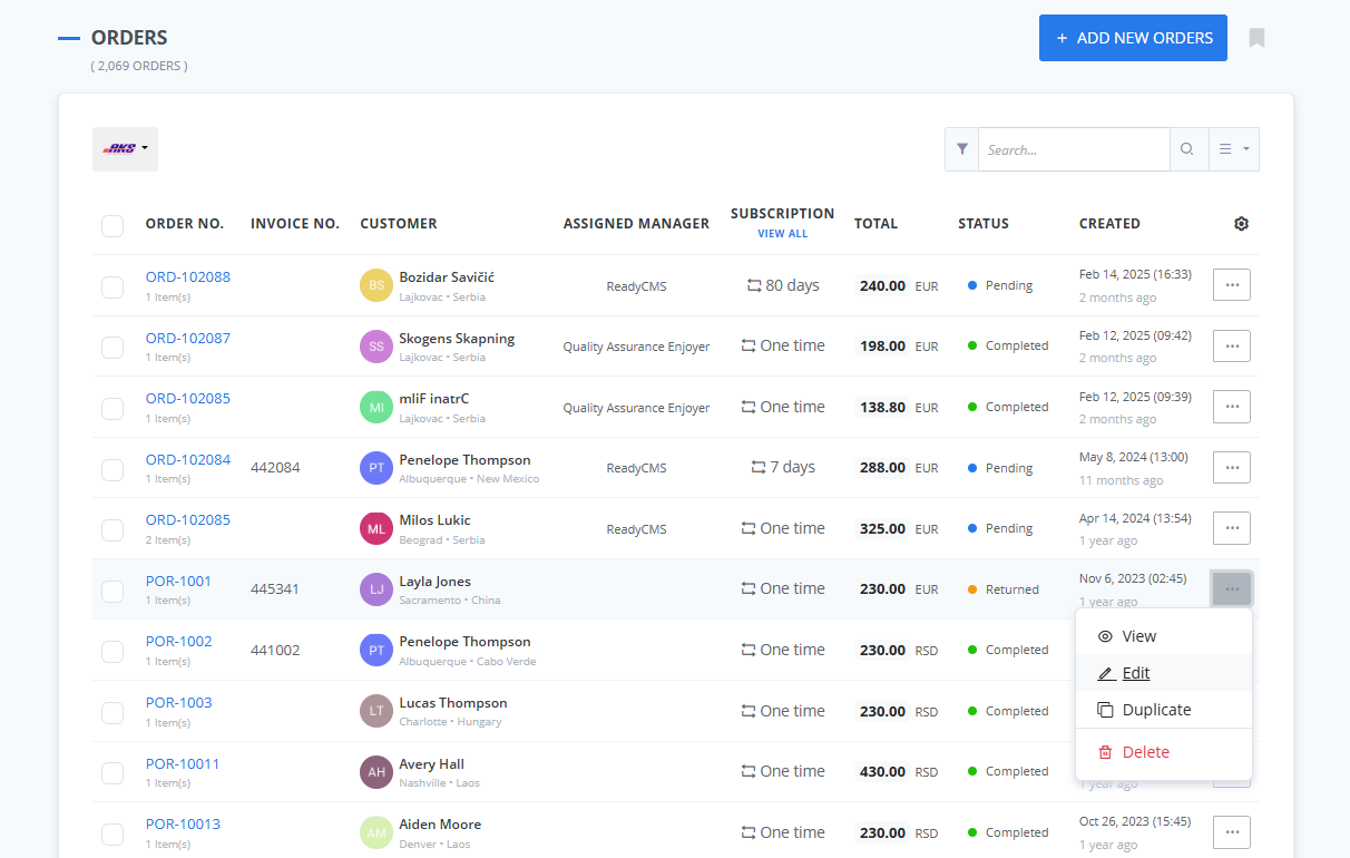 Orders list in ReadyCMS showing assigned managers in a dedicated column next to customer names, along with subscription type, order status, total, and a three-dot menu for actions like View, Edit, Duplicate, and Delete.