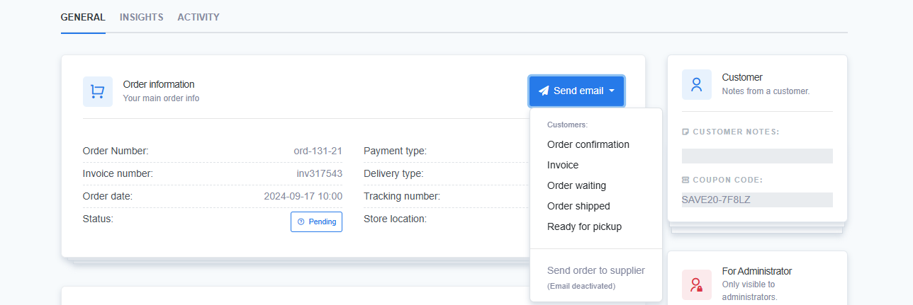 A screenshot from the ReadyCMS order management interface, showing the 