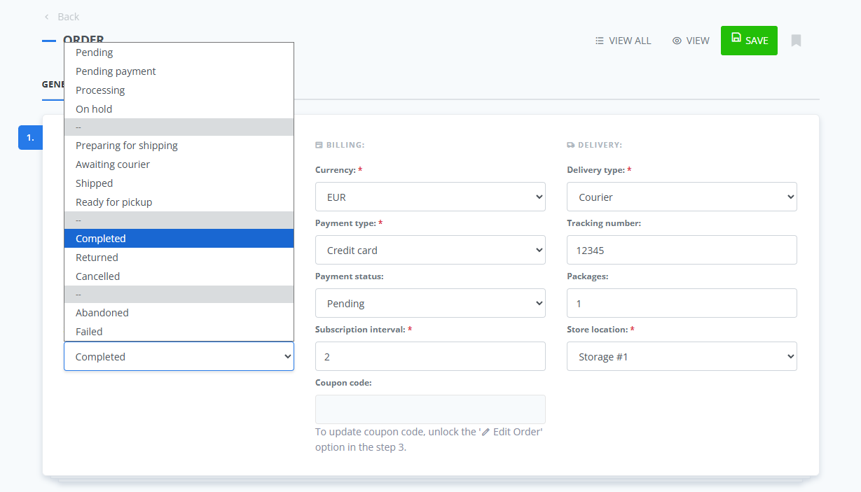 ReadyCMS order edit page showing the order status dropdown menu expanded. Status options include Pending, Pending payment, Processing, On hold, Preparing for shipping, Awaiting courier, Shipped, Ready for pickup, Completed, Returned, Cancelled, Abandoned, and Failed. Billing and delivery fields are visible on the right, including currency, payment type, payment status, tracking number, and store location.