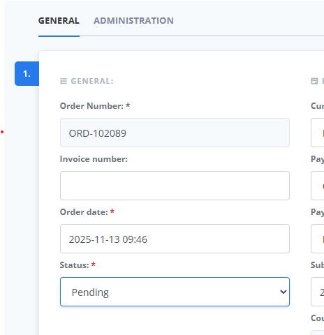 ReadyCMS order edit form showing the General section with fields for order number, invoice number, order date, and a status dropdown currently set to ‘Pending.’