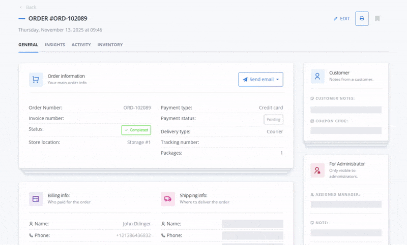 Animated view of a ReadyCMS order details page showing order #ORD-102089 with sections for order information, billing info, shipping info, customer notes, admin notes, and action buttons. The GIF scrolls through the page, highlighting order status, payment details, store location, and contact information.