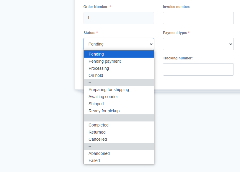 Dropdown menu in an order management interface showing various order status options, including 'Pending,' 'Pending payment,' 'Processing,' 'On hold,' 'Preparing for shipping,' 'Awaiting courier,' 'Shipped,' 'Ready for pickup,' 'Completed,' 'Returned,' 'Cancelled,' 'Abandoned,' and 'Failed.'