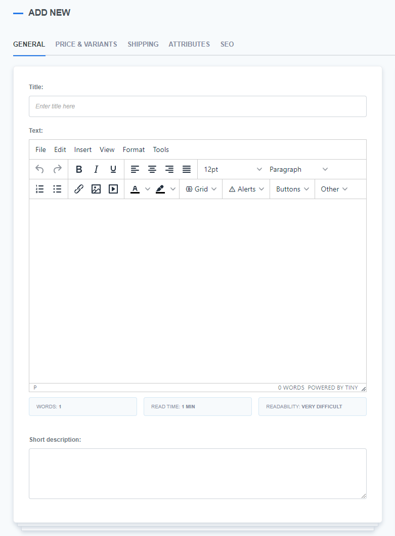 A screenshot showing the general section of the product creation page. It includes fields for entering the title, a text editor for product descriptions, and a section for a short description. Various text editing options are available such as bold, italic, and paragraph formatting.