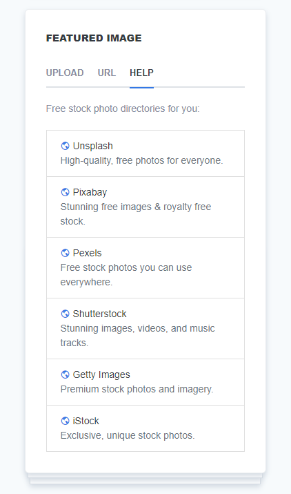 A screenshot showing the 'Featured Image' help tab, providing a list of free and premium stock photo directories. Directories listed include Unsplash, Pixabay, Pexels, Shutterstock, Getty Images, and iStock.