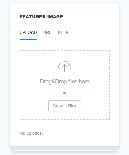 A screenshot showing the 'Featured Image' upload tab. It features an area to drag and drop files for uploading or the option to browse files manually. No uploads are displayed in the current view.