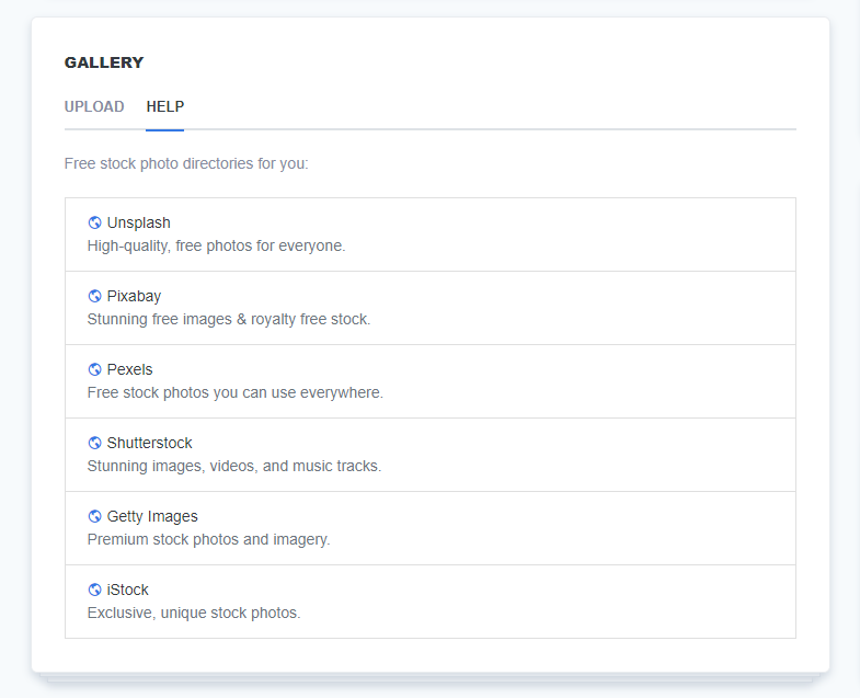 A screenshot of the 'Gallery - Help' tab in the ReadyCMS product creation page. This section provides a list of free and premium stock photo directories that users can access for uploading product images.