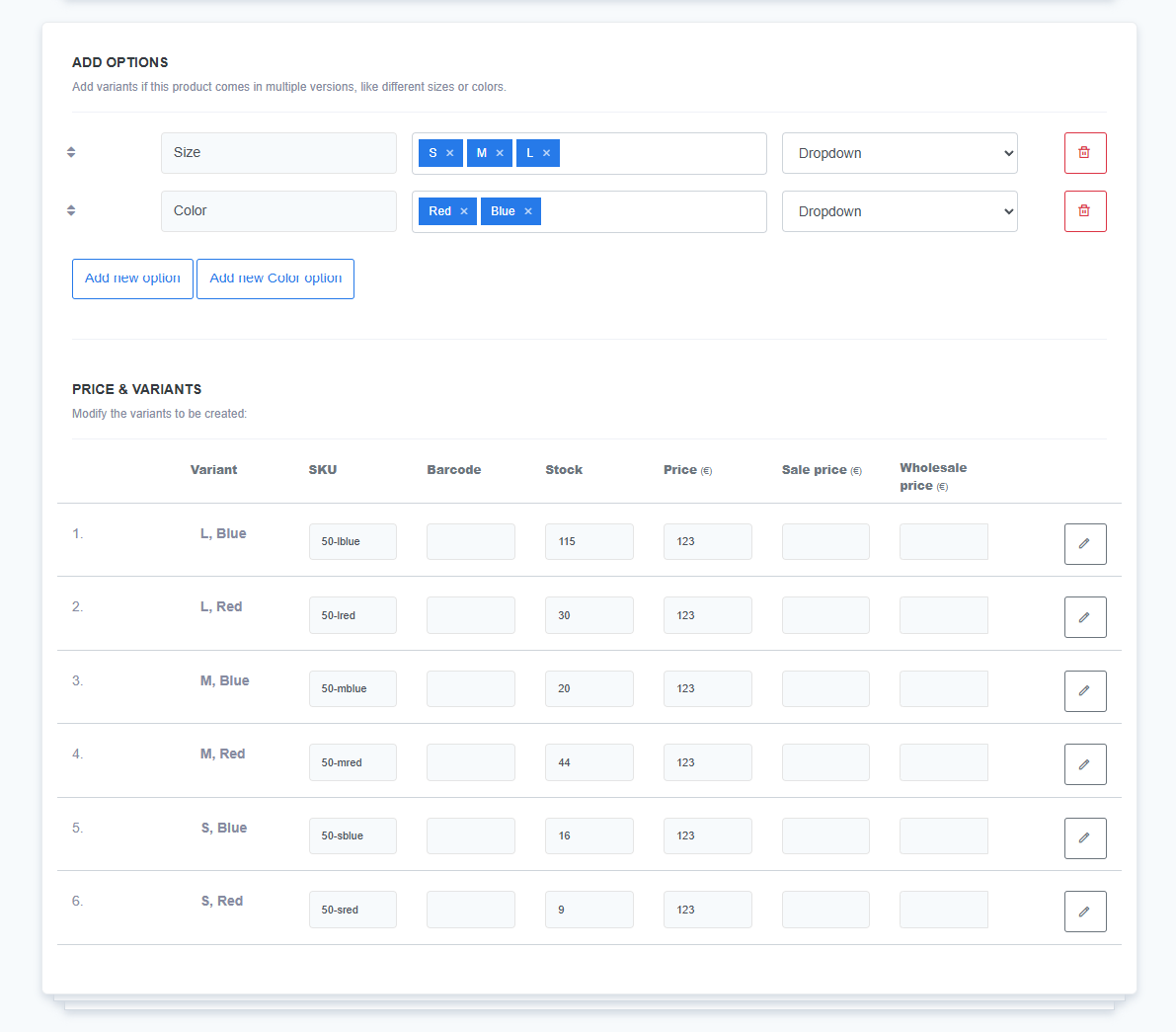 Add options section in ReadyCMS where the user can define variant attributes such as Size and Color, and configure the resulting variants with individual SKU, stock, and price.