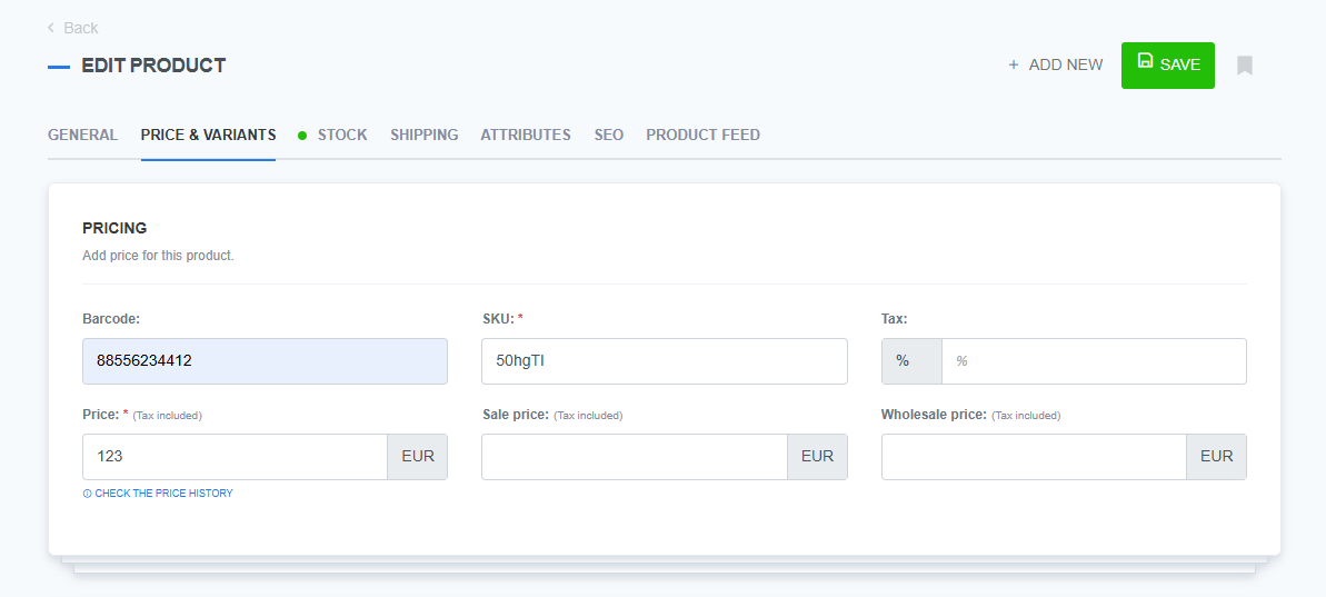 Close-up view of pricing settings in ReadyCMS with fields for barcode, SKU, tax rate, product price, sale price, and wholesale price.