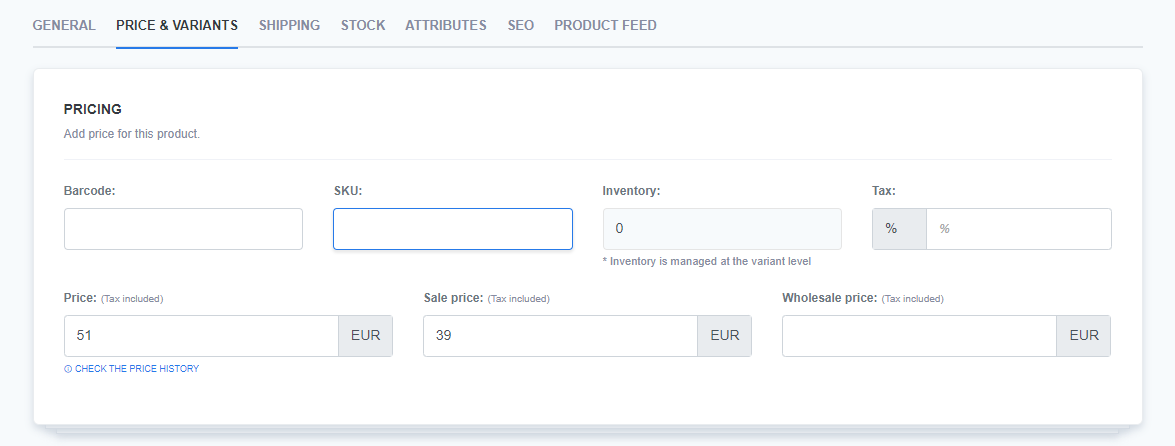 A 'Price & Variants' tab in the product editor section showing fields for Barcode, SKU, Inventory, and Tax. The product pricing fields are displayed with the Price set to 51 EUR, Sale price set to 39 EUR, and the Wholesale price field empty.