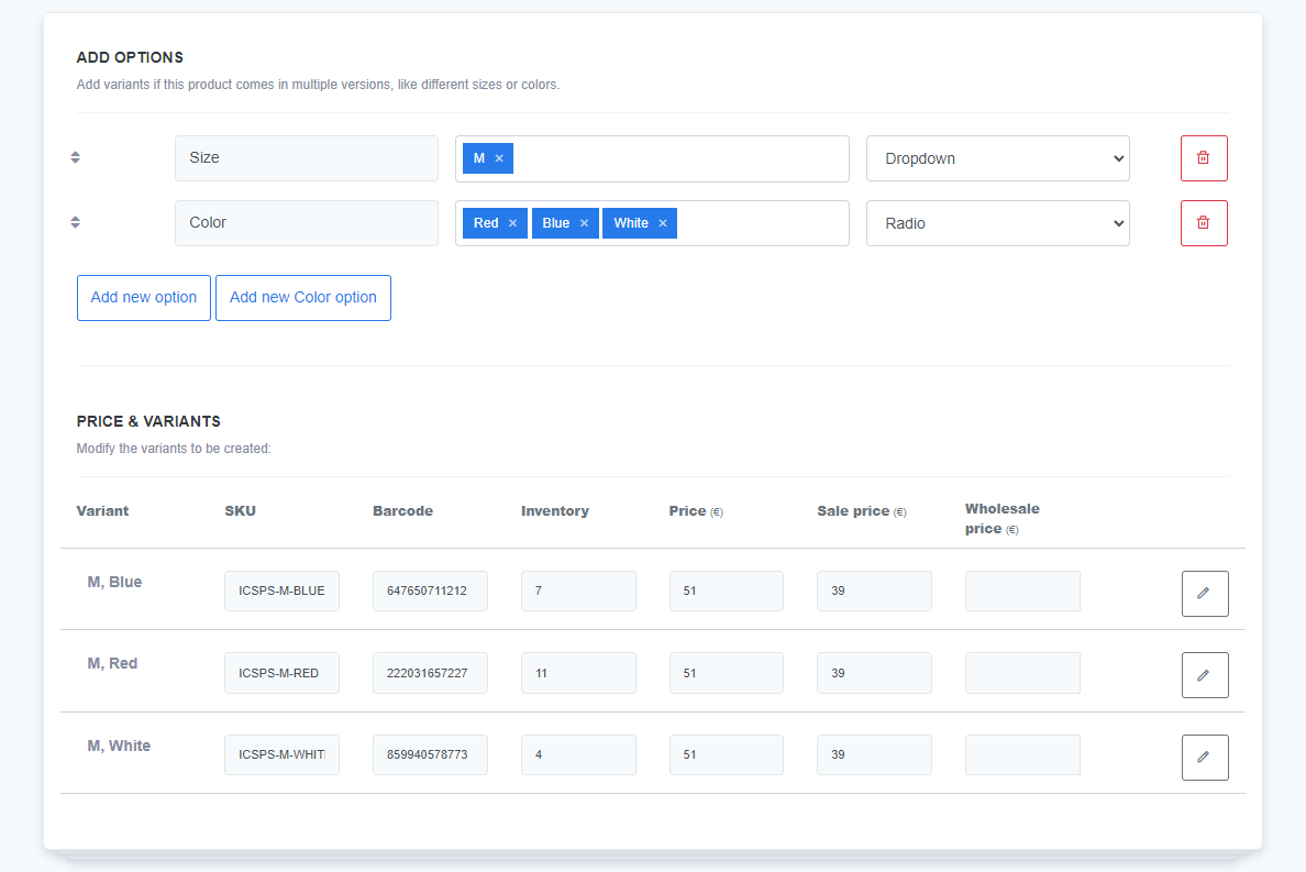 ReadyCMS add options and price variants panel. Size and color options are listed with a summary table showing SKUs, barcodes, inventory, price, and sale price for each variant: M Blue, M Red, and M White.