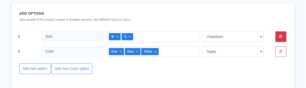 ReadyCMS add options panel with size and color variants. Size options are M and S with a dropdown selection, and color options are Red, Blue, and White with a radio selection.