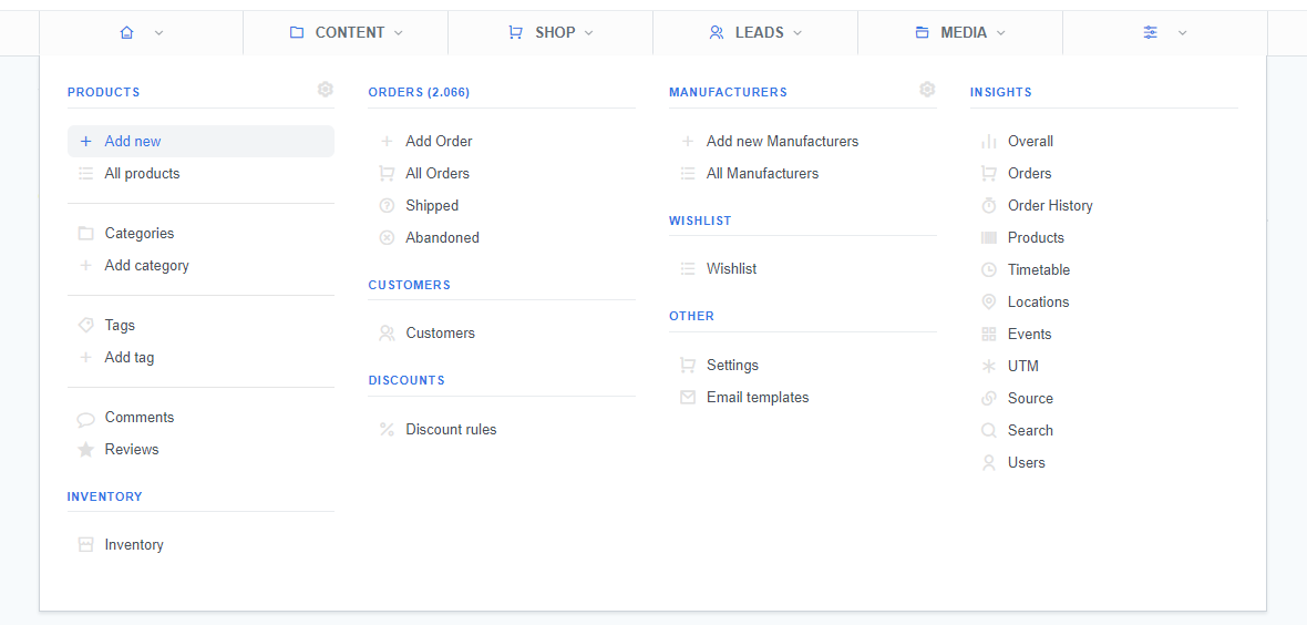 This screenshot shows the navigation menu under the 'Shop' section of ReadyCMS. It includes options to manage products, orders, customers, discounts, manufacturers, and insights. On the left, you can add or view products, categories, tags, and reviews. Orders can be added, viewed, and managed, with categories such as shipped and abandoned orders. There are sections for managing customers, discount rules, manufacturers, wishlists, settings, email templates, and insights (including order history, products, and user data).