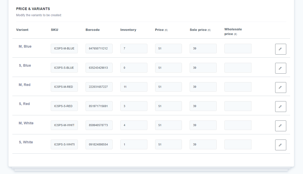 The image displays a table of product variants for the Inpeddo Complete Standard Pine skateboard, listing SKUs, barcodes, inventory, and pricing information for each combination of size and color (M, S in Red, Blue, and White). The table includes six product variants and editable fields for inventory, price, and sale price per variant.