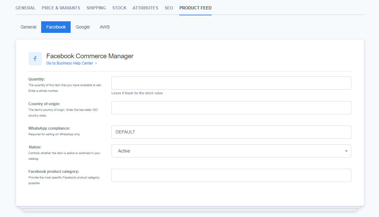 The Facebook Commerce Manager settings in ReadyCMS, showing fields for product feed information including quantity, country of origin, WhatsApp compliance, status, and Facebook product category.