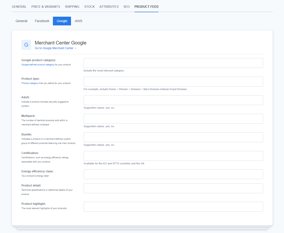 Google Merchant Center settings in ReadyCMS, featuring fields for Google product category, product type, adult content indicator, multipack, bundle, and certification details.