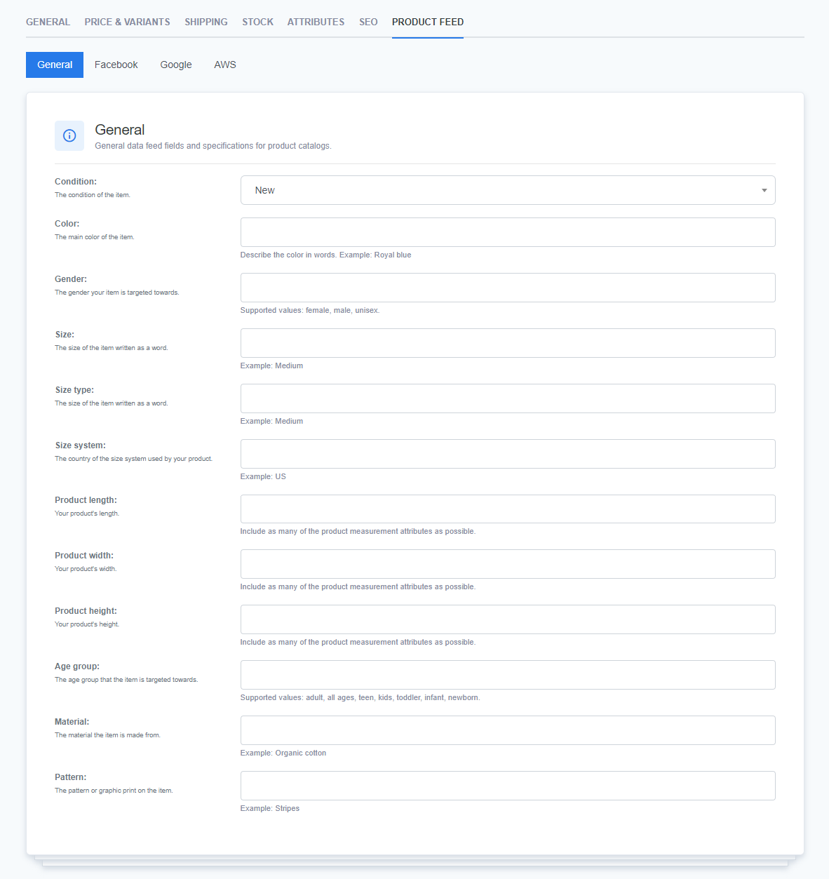 General product feed settings in ReadyCMS, featuring fields for product condition, color, gender, size, material, pattern, and more, allowing detailed product information for catalogs.