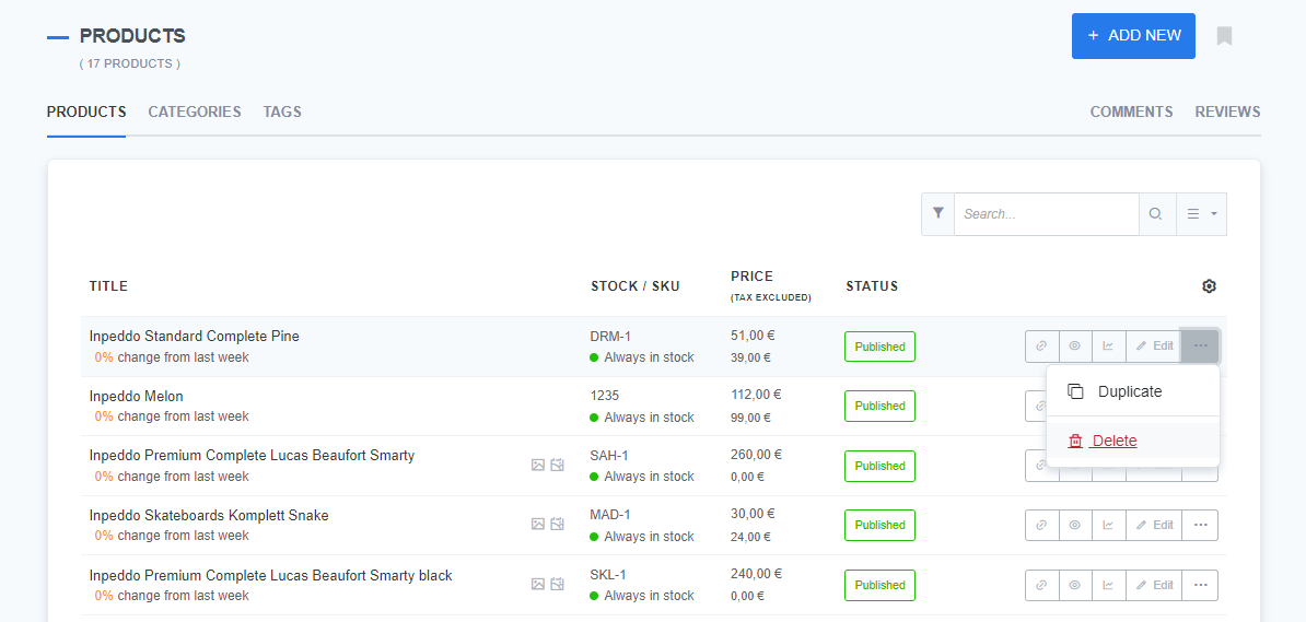 A CMS interface displaying the 'Products' section with 17 products listed. The products shown include 'Inpeddo Standard Complete Pine,' 'Inpeddo Melon,' and others. Each product is listed with columns for Title, Stock/SKU, Price (Tax Excluded), and Status. All products have a 'Published' status. The action menu for 'Inpeddo Standard Complete Pine' is expanded, showing options to 'Duplicate' or 'Delete.' The 'Add New' button is located at the top right corner, and tabs for Categories and Tags are visible above the product list.