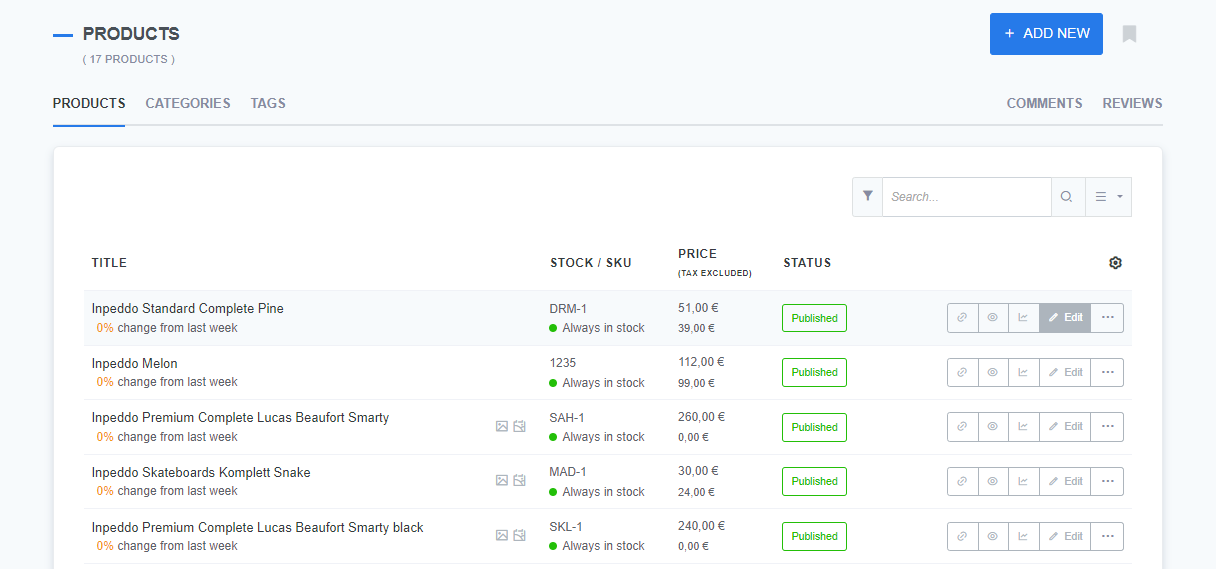 A CMS interface displaying the 'Products' section with 17 products listed. The products include 'Inpeddo Standard Complete Pine,' 'Inpeddo Melon,' 'Inpeddo Premium Complete Lucas Beaufort Smarty,' 'Inpeddo Skateboards Komplett Snake,' and 'Inpeddo Premium Complete Lucas Beaufort Smarty black.' Each product is displayed with columns for Title, Stock/SKU, Price (Tax Excluded), and Status. All products are marked as 'Published' in the Status column. A blue 'Add New' button is visible in the top right corner, and tabs for Categories and Tags are located above the product list.