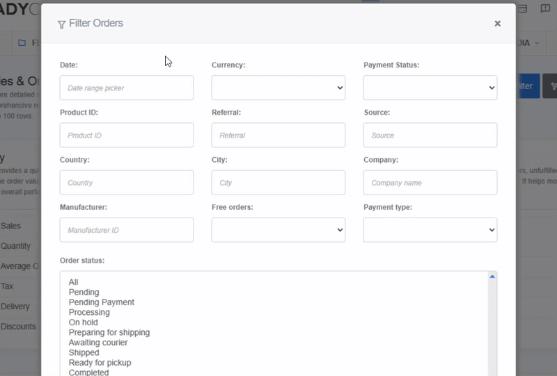Animated demo of currency filtering in ReadyCMS's order report panel, showing a user selecting different currency options in the filter modal.