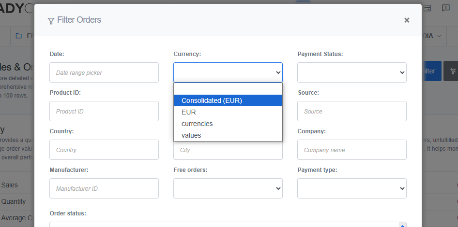 Currency filter dropdown in ReadyCMS order reports, showing available options such as 'Consolidated (EUR)', 'EUR', 'currencies', and 'values'.