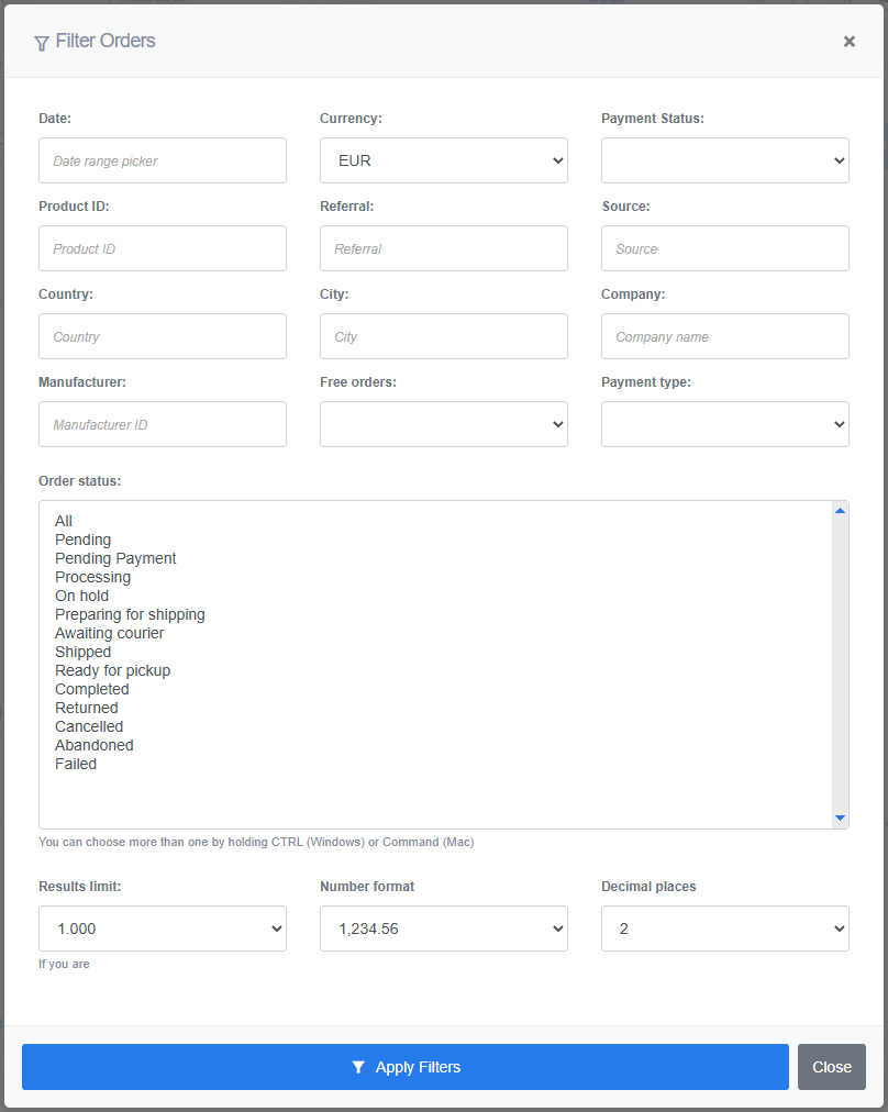 Filter modal for order reports in ReadyCMS, showing various filtering options like date, currency, product ID, order status, and result limits to refine order data views.
