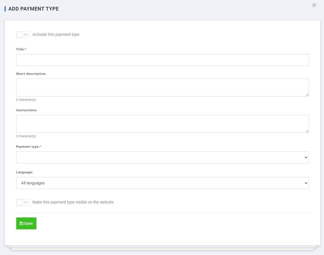 ReadyCMS adding payment type window with title, description, instructions, payment method and language fields.
