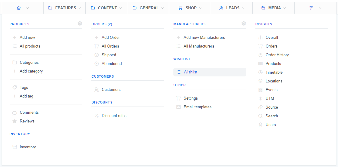 A screenshot of the ReadyCMS eCommerce dashboard, displaying the Wishlist shop menu. This section allows users to access and manage their wishlist items within the shop.