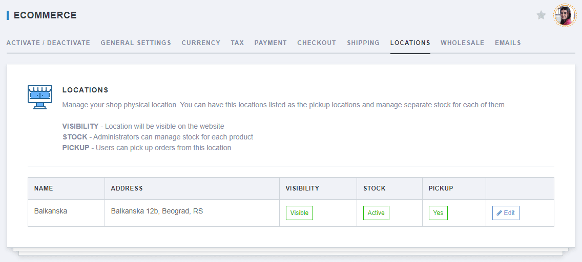 ReadyCMS Store locations settings section