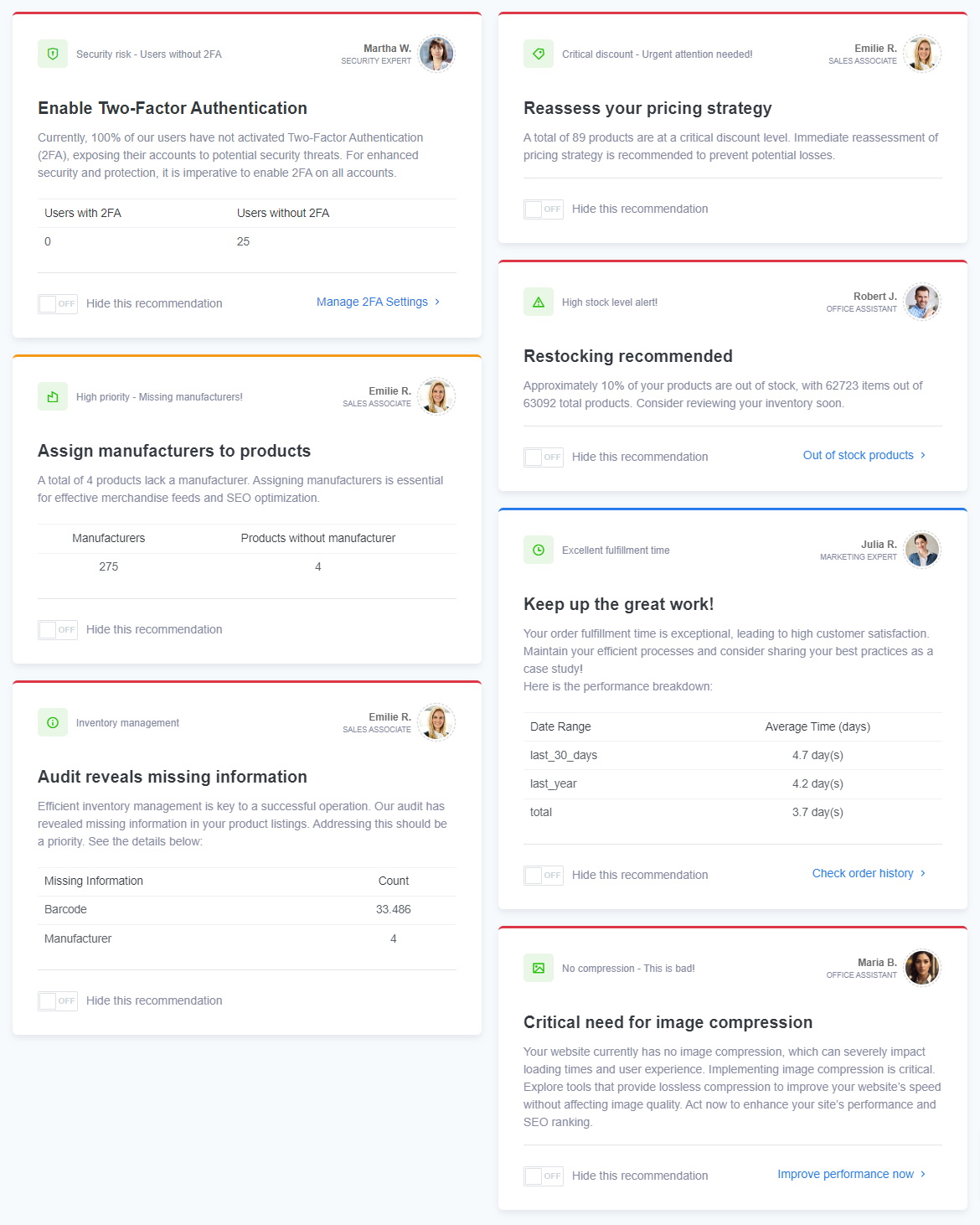 Screenshot of the ReadyCMS Recommendations Assistant Dashboard showing a list of AI-driven suggestions for improving website performance, SEO, and user engagement. The interface includes sections for tasks like improving content, optimizing images, and enhancing marketing efforts.