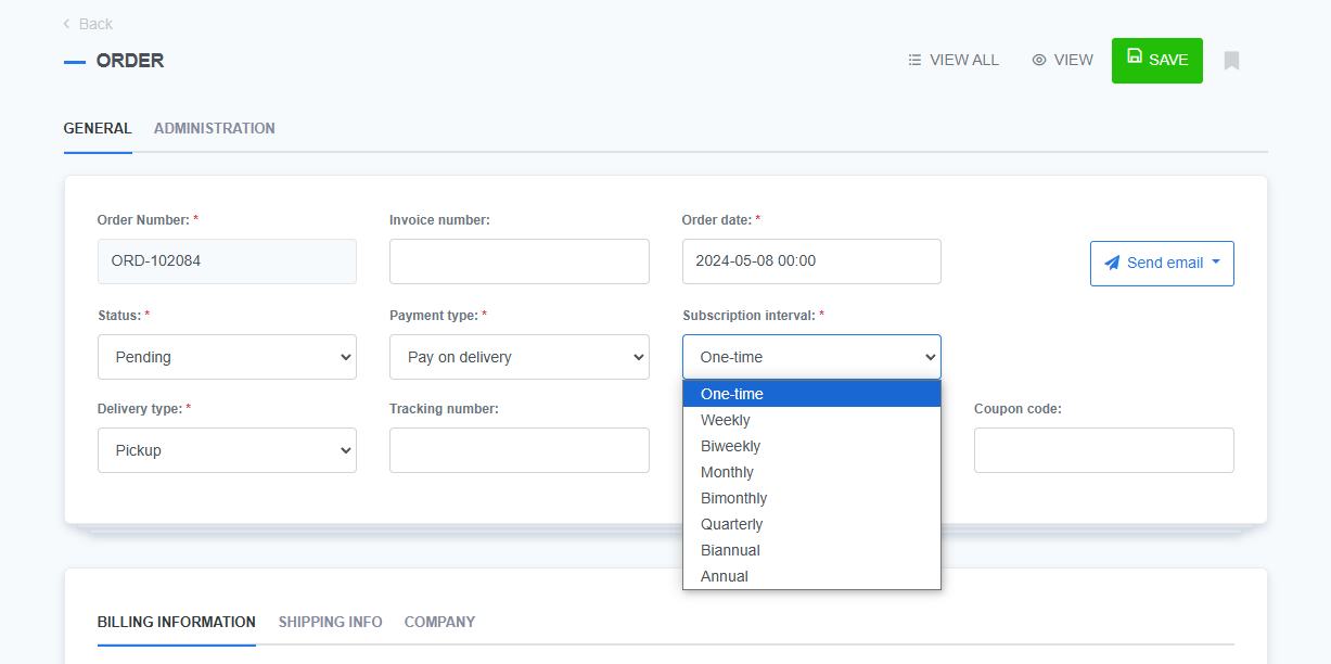 ReadyCMS order interface displaying subscription interval options including one-time, weekly, monthly, quarterly, biannual, and annual selections for setting up recurring orders.