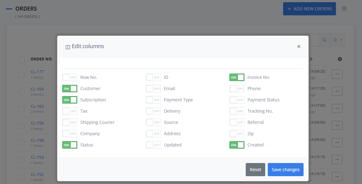 Order list settings interface in ReadyCMS showing options for managing subscription orders, including order number, status, payment type, and tracking information.