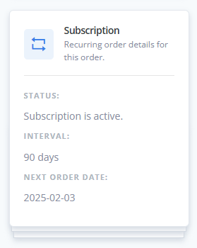 ReadyCMS interface showing an active subscription status with order details, including subscription interval and customer information.