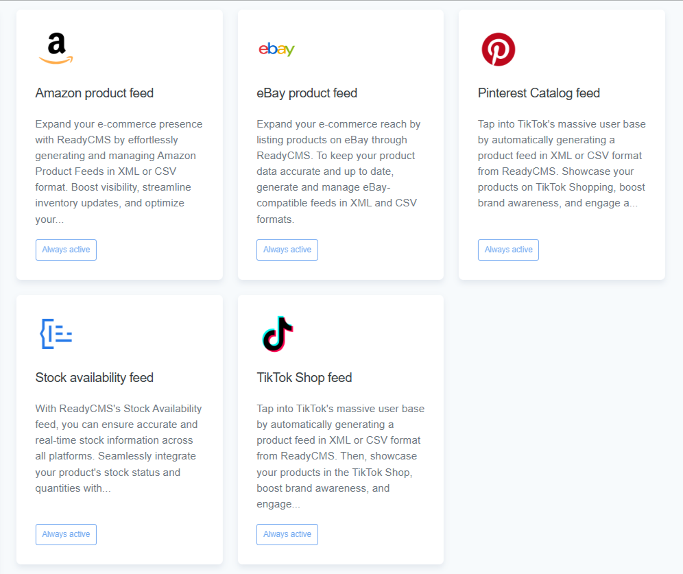 A collection of ReadyCMS feed plugins, including Amazon, eBay, Pinterest, TikTok, and Stock Availability feeds, showcasing their descriptions and activation status.