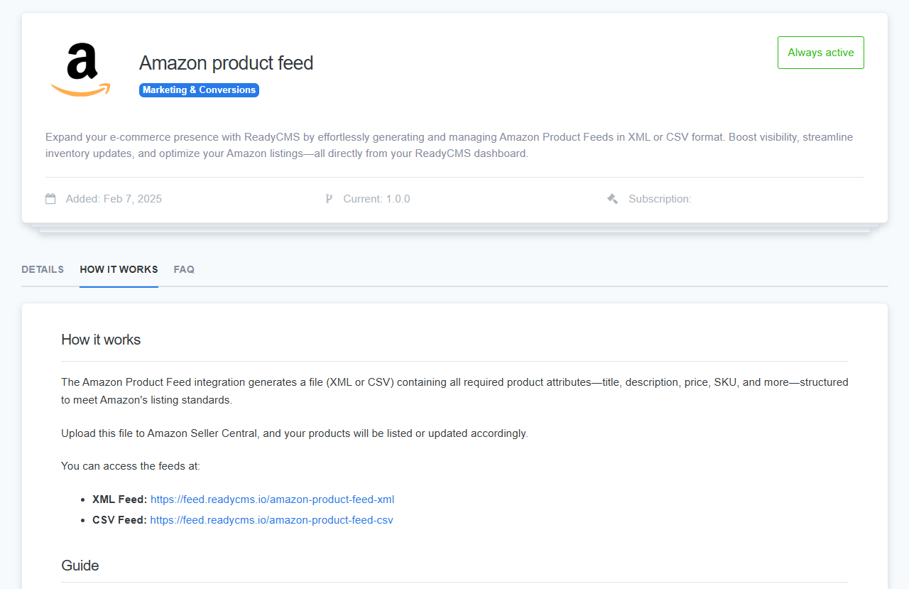 The Amazon Product Feed plugin page in ReadyCMS, describing its ability to generate structured XML and CSV feeds for Amazon Seller Central integration.