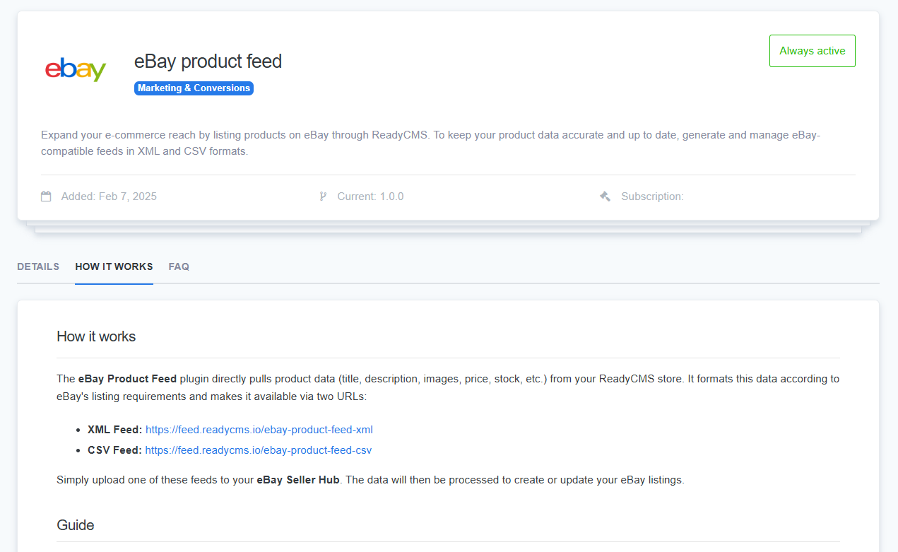 The eBay Product Feed plugin page in ReadyCMS, detailing how it helps users list products on eBay with XML and CSV feeds, and providing integration links.