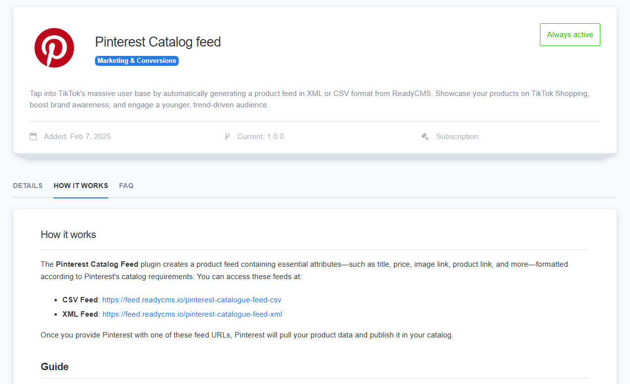 The Pinterest Catalog Feed plugin page in ReadyCMS, explaining how it creates product feeds formatted for Pinterest’s catalog requirements, with CSV and XML feed links.