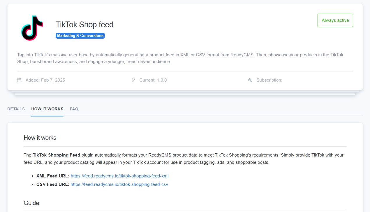 The TikTok Shop Feed plugin page in ReadyCMS, outlining its capability to format product data for TikTok Shopping using XML and CSV feeds.