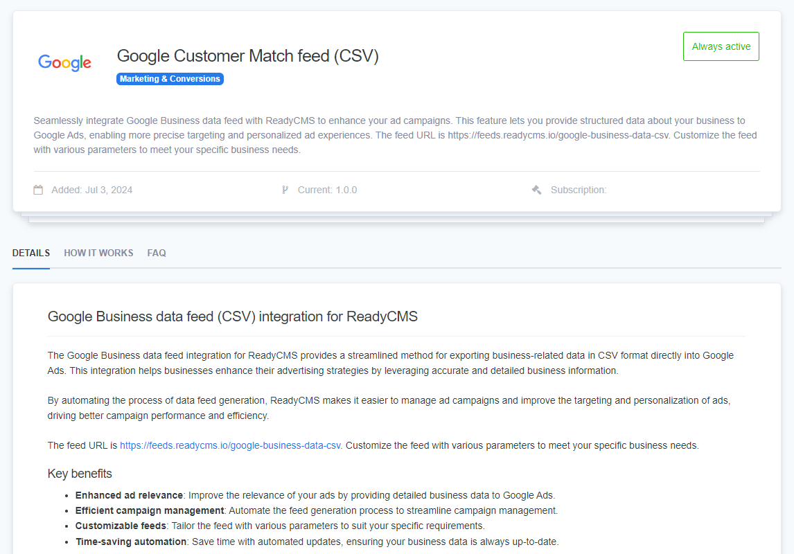 Screenshot of the Google Customer Match Feed plugin in ReadyCMS, illustrating the process of exporting business data to Google Ads for better ad relevance and campaign management.