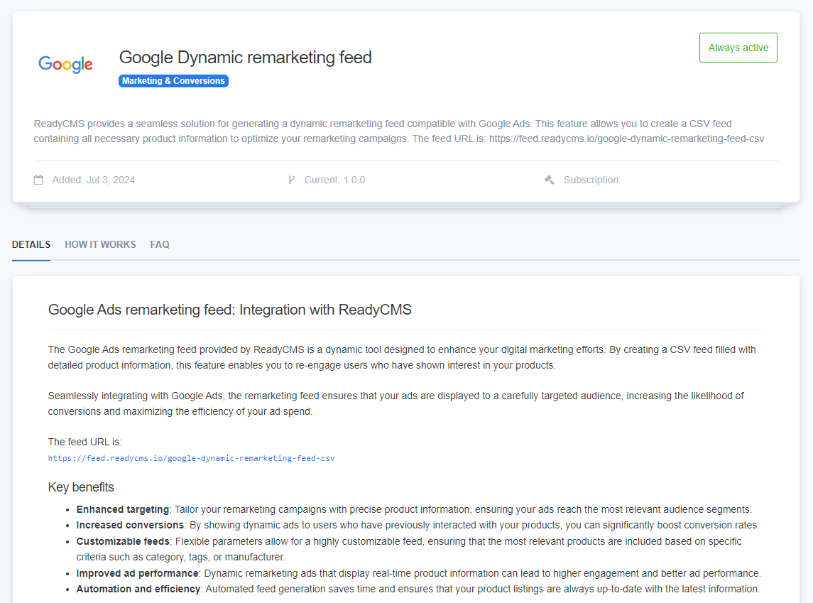 Screenshot displaying the Google Dynamic Remarketing Feed plugin on ReadyCMS, showcasing its capabilities for creating a dynamic product feed that enhances Google Ads remarketing campaigns.