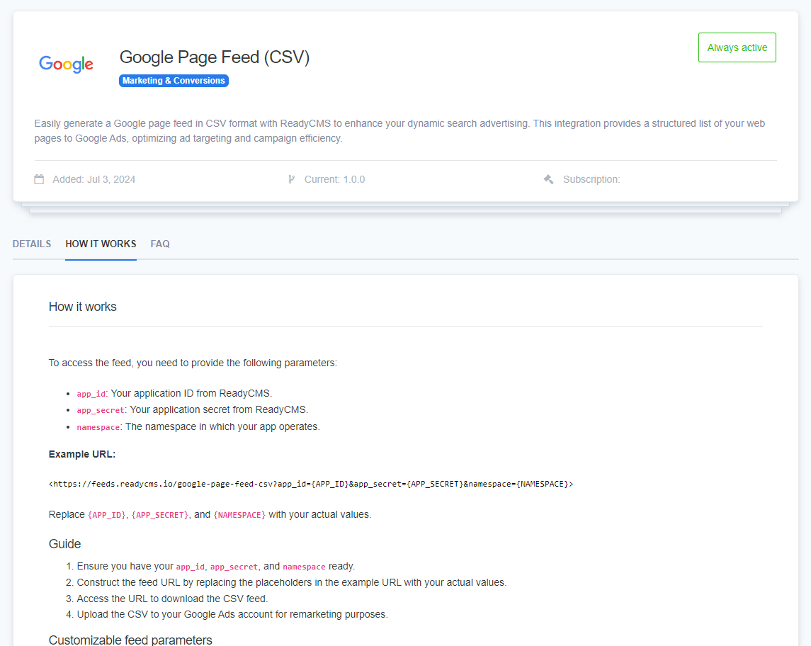 Screenshot of the Google Page Feed plugin interface in ReadyCMS, detailing how to generate and integrate a CSV page feed with Google Ads for improved ad targeting.